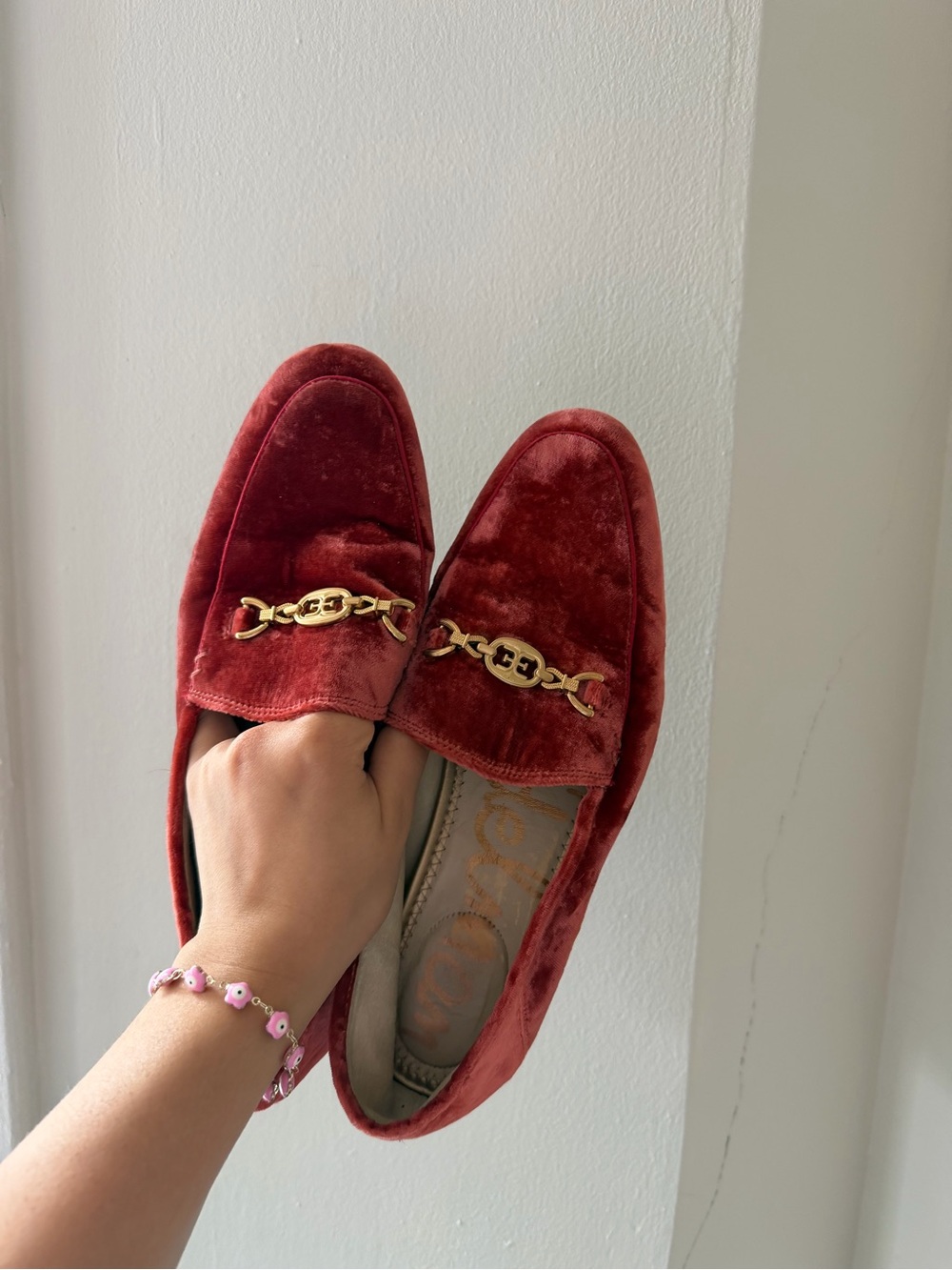 Sam Edelman Red Velvet Loafers with Gold Chain